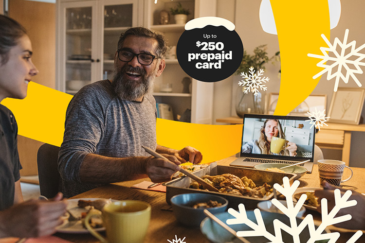 Brightspeed Fiber Internet promotional offer featuring a family enjoying a meal together with a video call on a laptop, highlighting up to $250 prepaid Mastercard on select fiber plans.