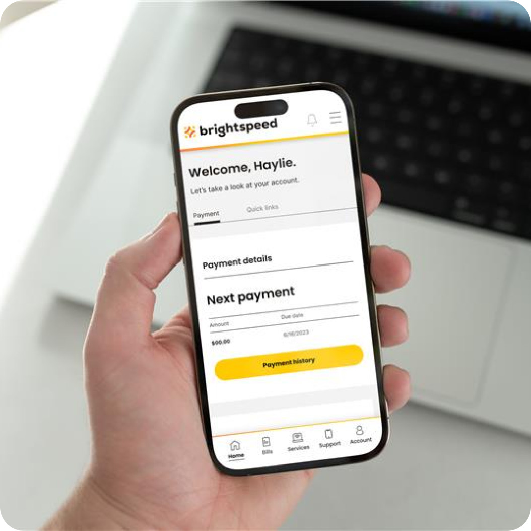 Customer using the Brightspeed mobile app on a smartphone to manage internet service during an outage.
