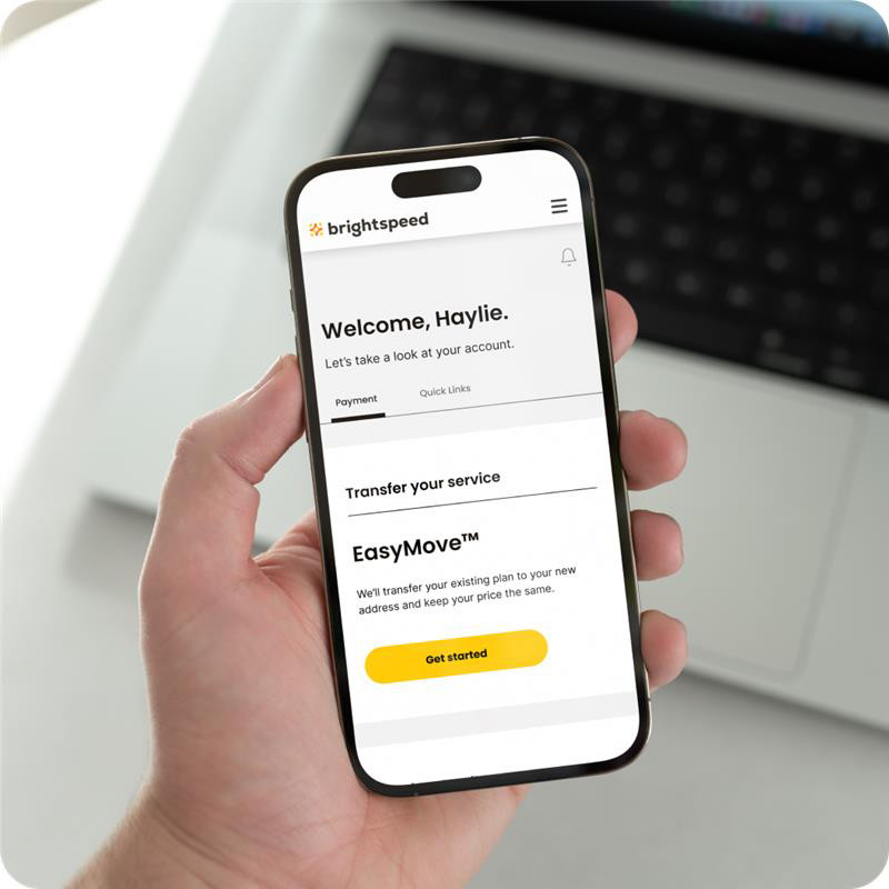 Brightspeed mobile app showing account dashboard and EasyMove feature for transferring internet service to a new address.