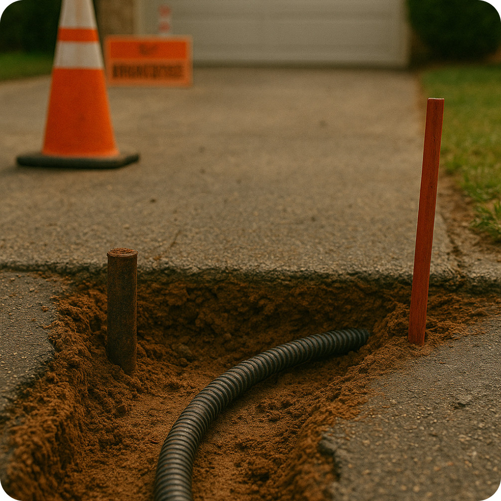 Brightspeed technicians installing a fiber line under a residential driveway with orange cones and safety markers, preparing underground connection for reliable high-speed internet service.