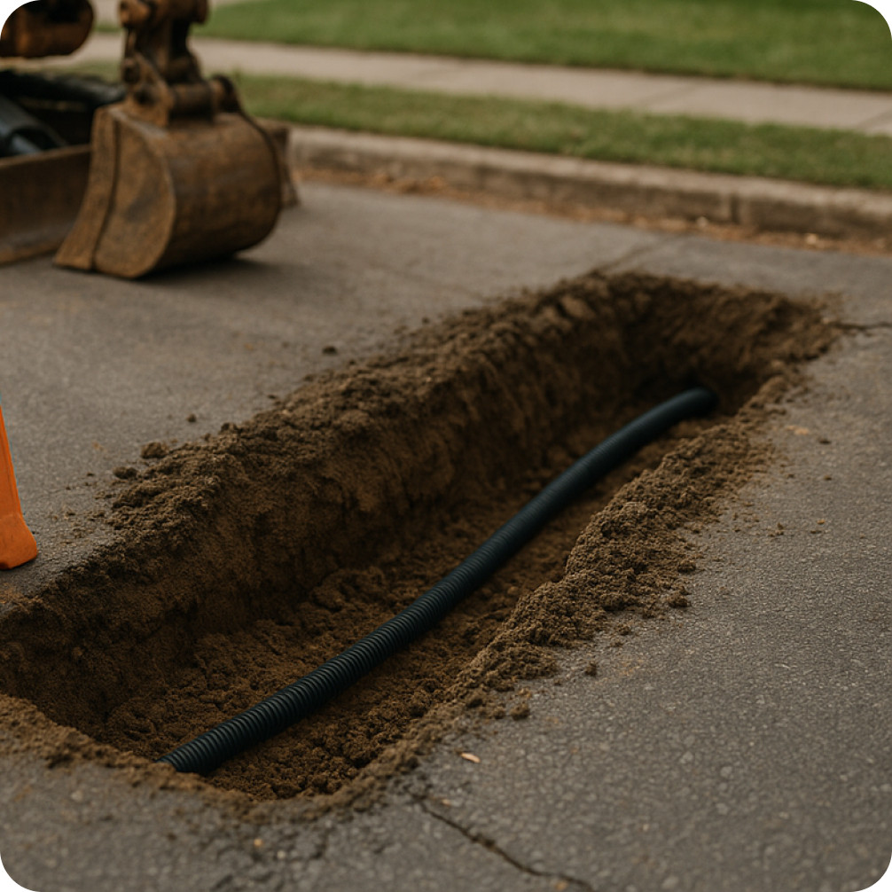 Brightspeed technicians digging beneath a residential street to install underground fiber lines, using specialized equipment to connect high-speed internet service directly to nearby homes.